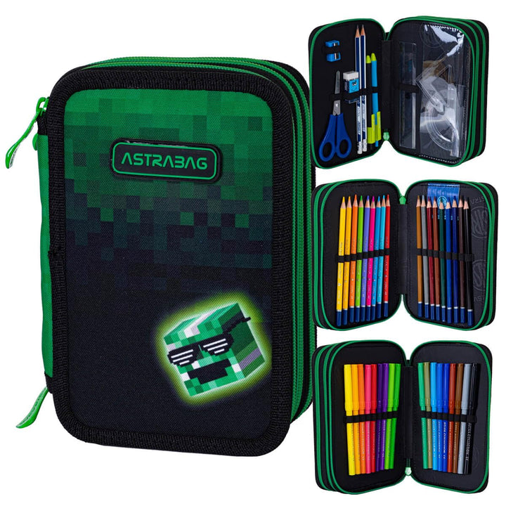 ASTRABAG Pixel Hero 3-Fach Mäppchen Federmappe Gefüllt dreifaches Federmäppchen, Schüleretui 3-stöck