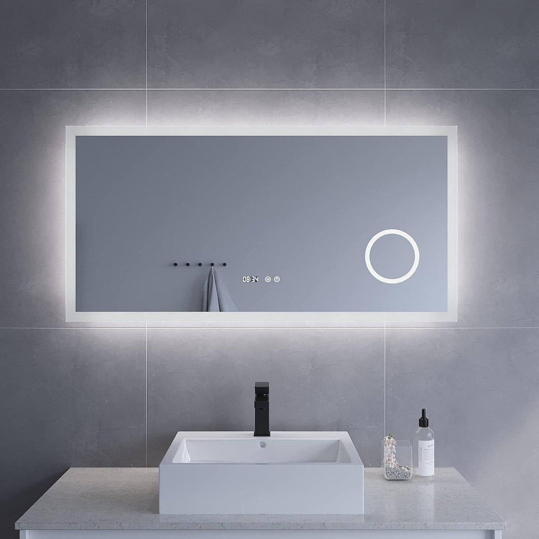 Badezimmerspiegel mit Licht Schminkspiegel Digital Uhr 120x60 cm Badspiegel mit LED Beleuchtung Kalt