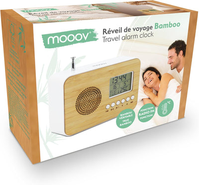 Mooov 477320 Reisewecker Bamboo, LCD-Display, integriertes Radio, Sleep-Funktion, Innentemperaturanz