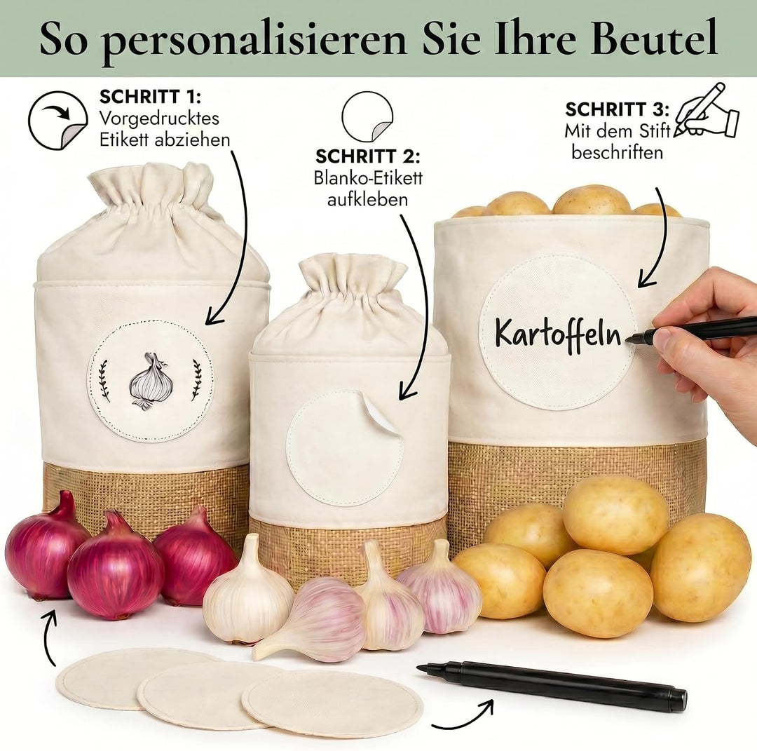 Valora® Kartoffel Aufbewahrungsbox 3er Set - Stoffbeutel für Kartoffeln, Zwiebel und Knoblauch Aufbe