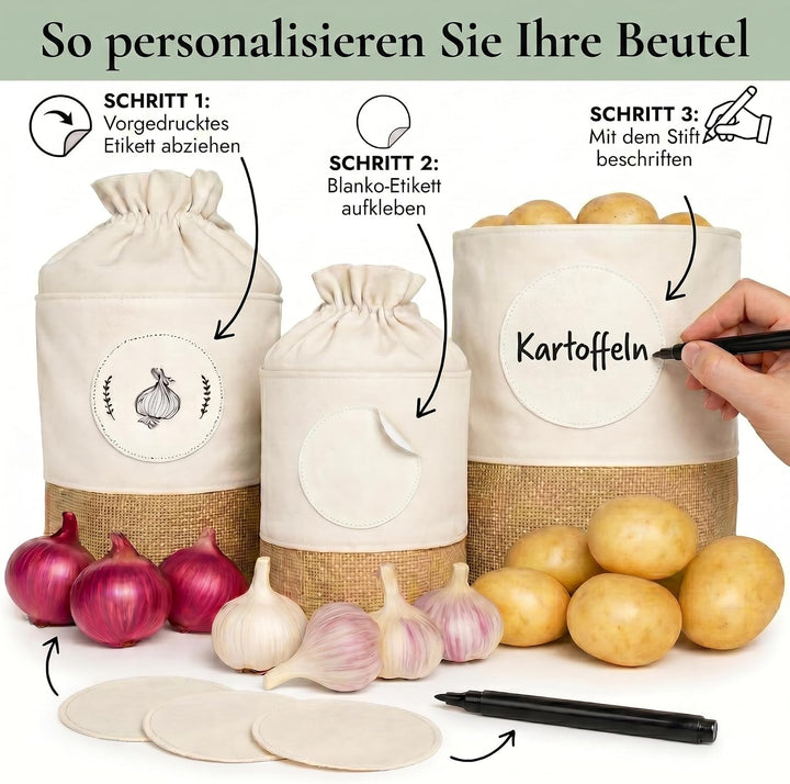 Valora® Kartoffel Aufbewahrungsbox 3er Set - Stoffbeutel für Kartoffeln, Zwiebel und Knoblauch Aufbe