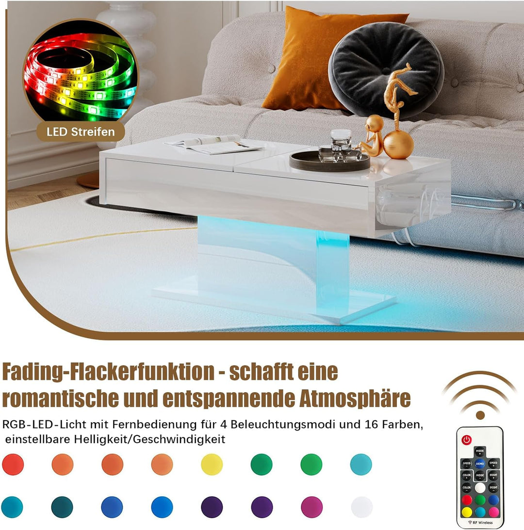KEEPREAPER Couchtisch Hochglanz ausziehbar, Wohnzimmertisch versenkbar mit Stauraum für Sofa, 108x53