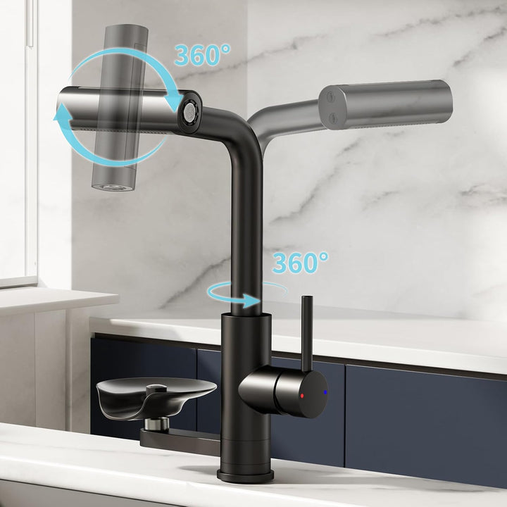 360° drehbarer Wasserhahn Küche ausziehbar mit Brause, wasserfall Mischbatterie Küche mit Gläserspül