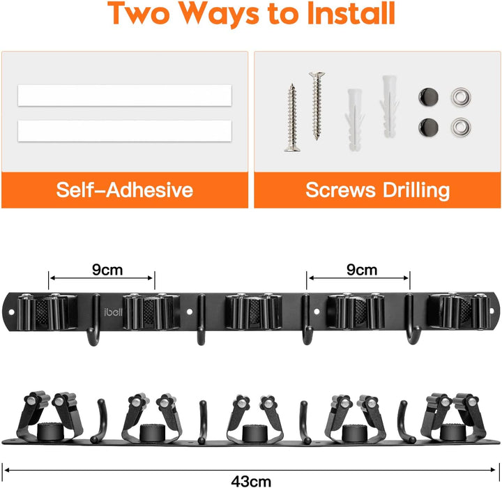 2 Stück Besenhalterung Wand, ibell Gerätehalter Edelstahl mit 10 Halter und 8 Haken, Mopphalter Wand