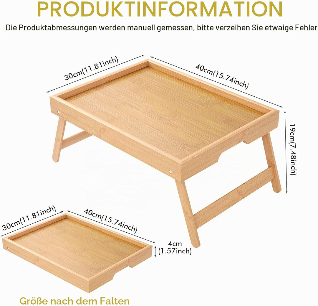 LEKEFETO Betttablett Bambus mit Klappbaren Beinen, Serviertablett für Frühstück im Bett, Frühstückst