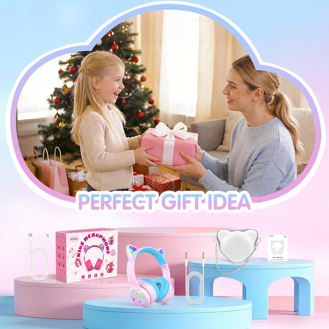 IFECCO Bluetooth Kopfhörer Kinder mit Mikrofon, Kinder Kabellos Kopfhörer mit Tasche, LED-Leuchten K