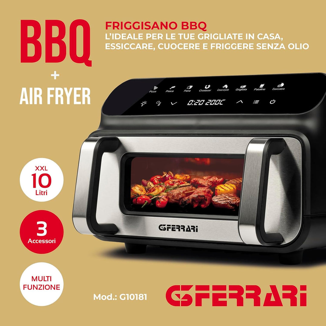 G3 Ferrari G10181 Heissluftfritteuse & BBQ-Grill “Friggisano BBQ”, 2000 W, 10 L XXL, 8 Programme, Mu