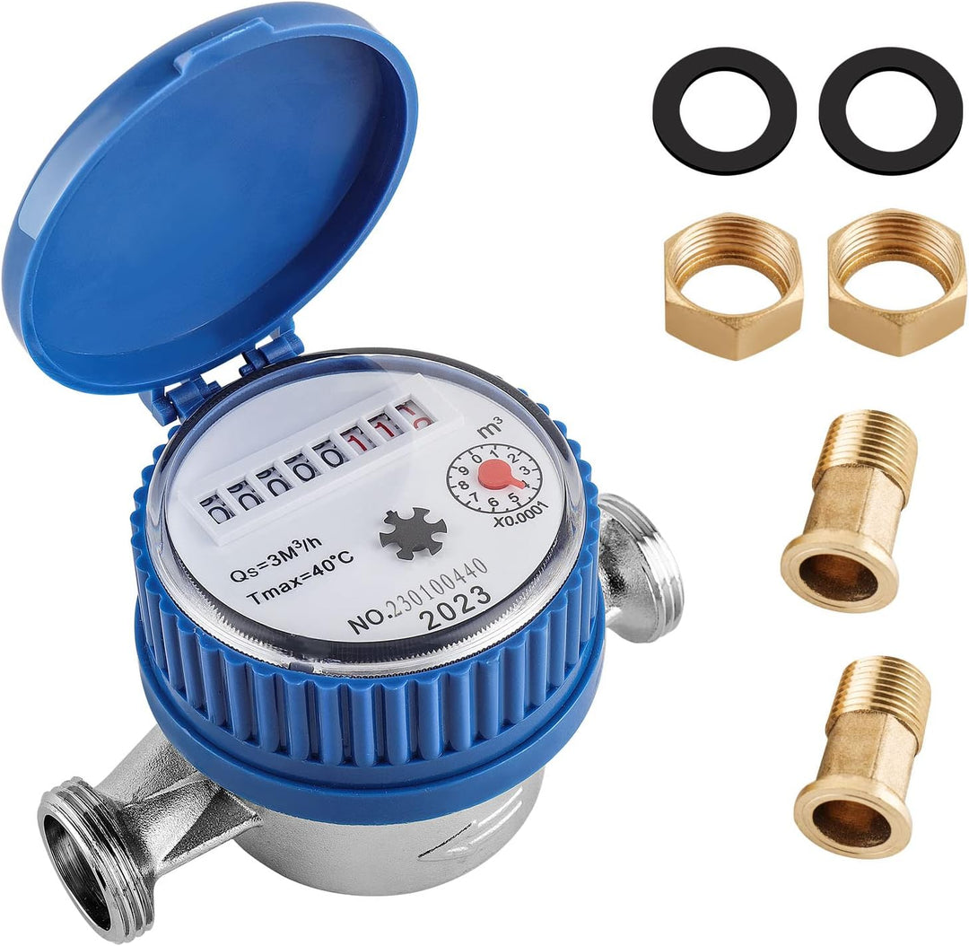 ColdShine Wasserzähler 1/2" Anschlussgewinde Einkanal-Trockenwasserzähler Wasseruhr Garten Kaltwasse