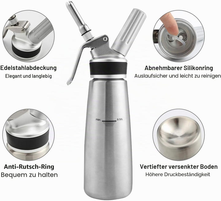 Sahnespender Sahnesyphon Edelstahl, 0,5 L Schlagsahnebereiter mit 3 Edelstahl Deko-Düsen und 1 Reini