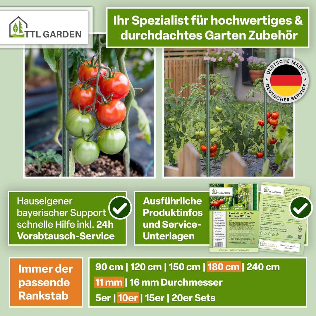 TTL GARDEN Rankstäbe 10er Set 180cm x 11mm Ø grün - Rankhilfe Pflanzstäbe + Klettband - Stahl rostfr