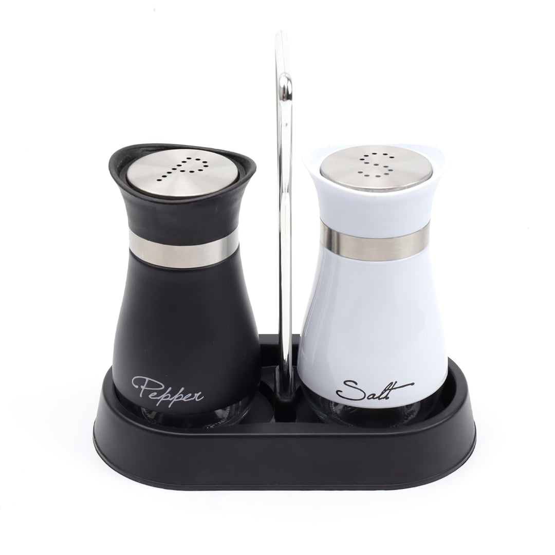 Salz & Pfefferstreuer Set aus Glas und Edelstahl (120 ml) - Schwarz-Weiss Design mit Halterung - Gew