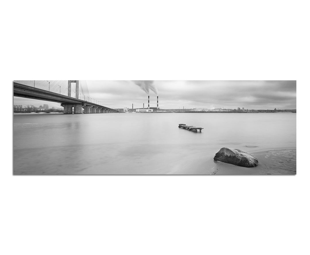 Paul Sinus Art Panoramabild auf Leinwand und Keilrahmen 150x50cm Kiew Brücke Wasser Wolken schwarz/w