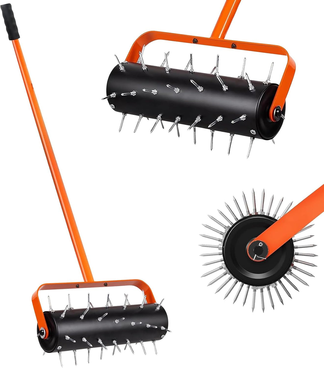 Rasenlüfter Walze, Rasenbelüfter Manuell, Handvertikutierer Rollend mit 42 Nägeln 5cm & Spritzschutz