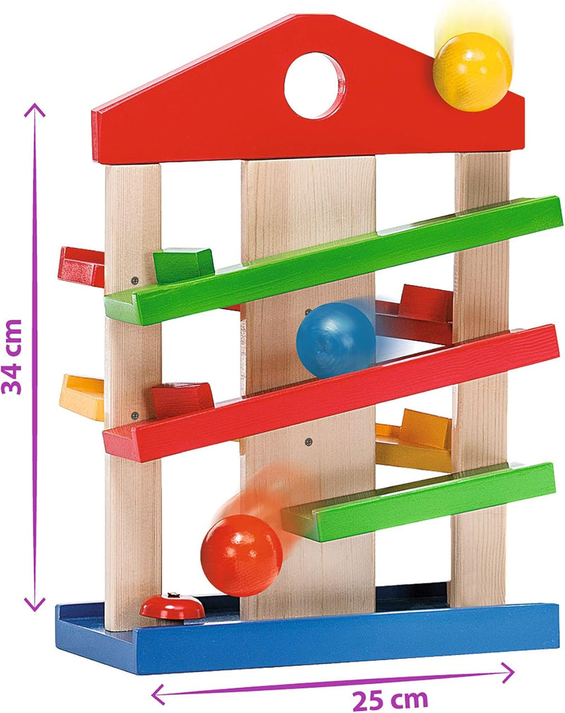 Eichhorn Kugelbahn-Haus, 4-teilig, Bunte Rollbahn aus Holz mit Glocke und DREI Kugeln Lindenholz, 25