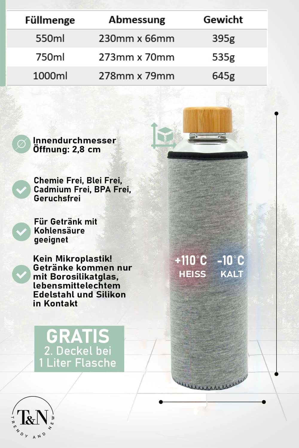 T&N Glasflasche 1 Liter / 750ml / 500ml – Trinkflasche Glas 1l mit Neoprenhülle – Wasserflasche Ausl