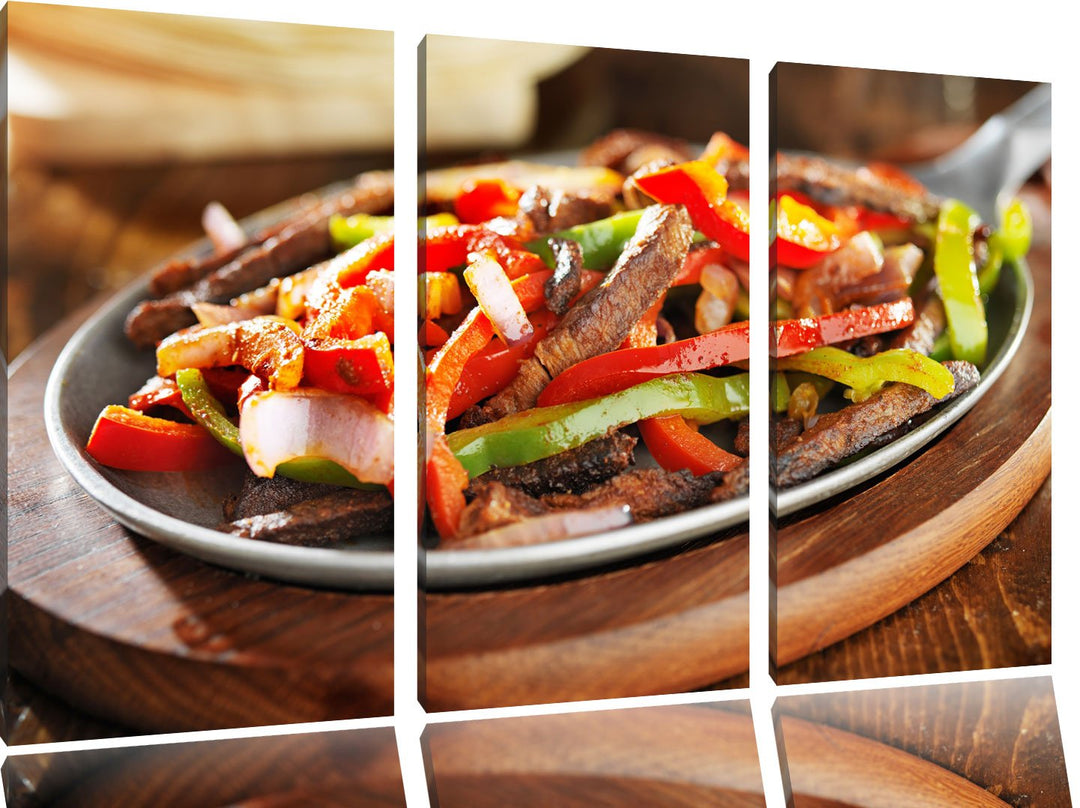 Fleischpfanne mit Paprika als 3-Teiler Leinwandbild 120x80 Bild auf Leinwand, XXL riesige Bilder fer
