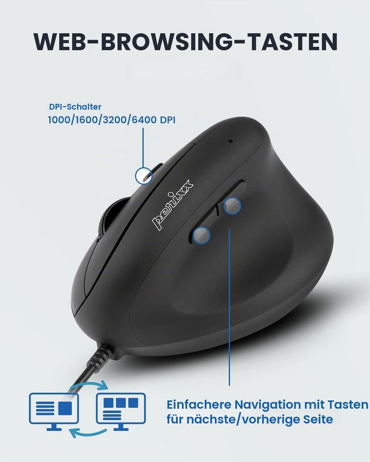 Perixx PERIMICE-508 Programmierbare Ergonomische Maus -Vertikal - Schnurgebunden - 1000/1600 dpi - I