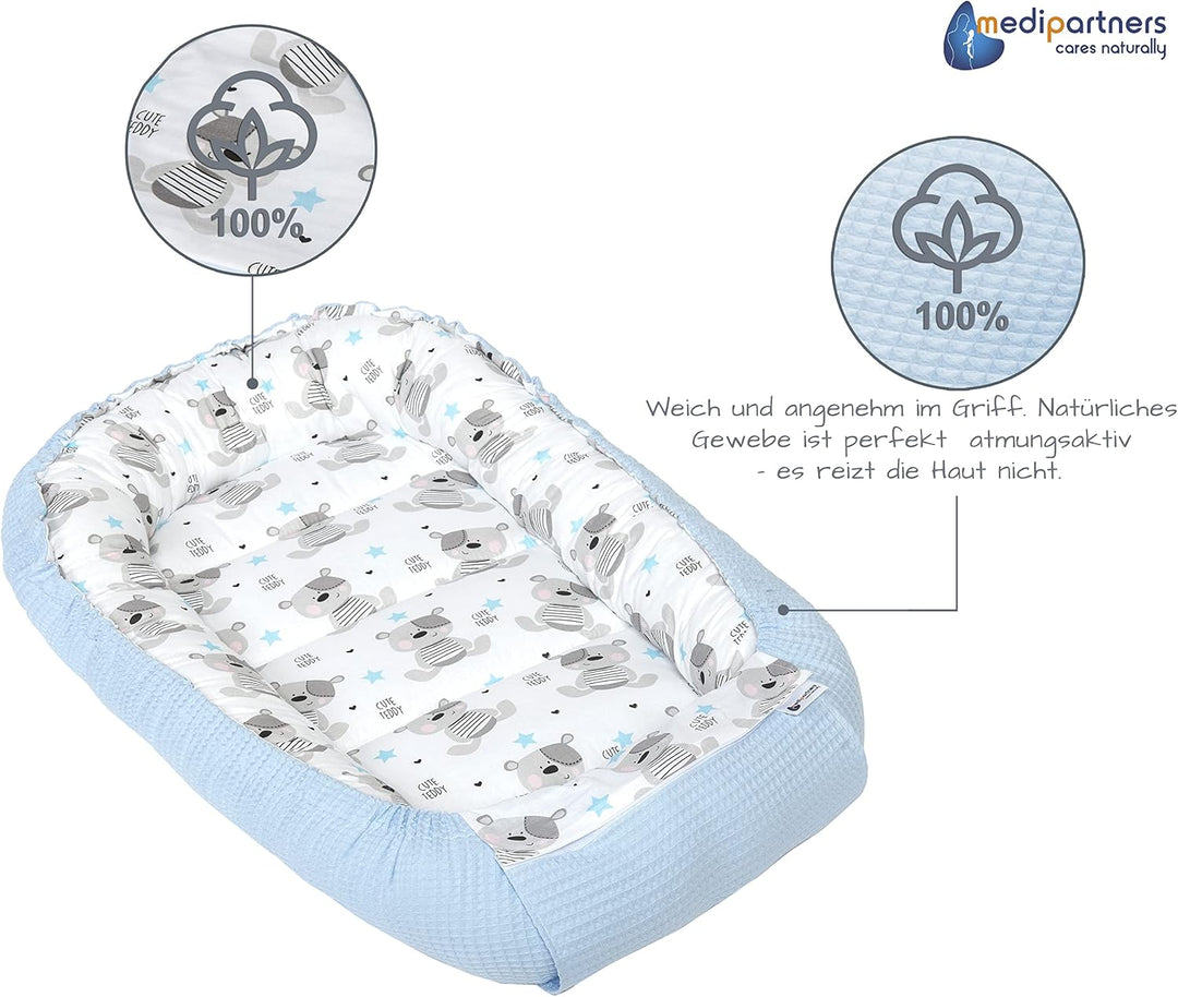 Medi Partners Babynest Kuschelnest Babynestchen 100% Baumwolle Waffle Nestchen Reisebett für Babys S