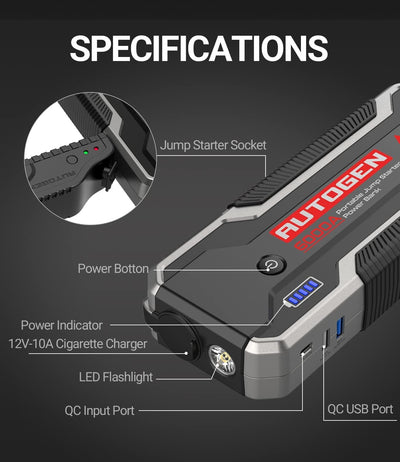 AUTOGEN 6000A Starthilfe Powerbank (10.0L + Benzin & Diesel), 27000mAh Tragbarer Starthilfegerät, 12