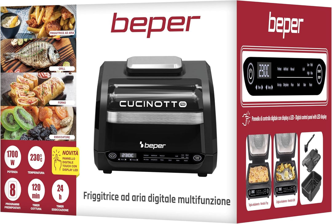 BEPER P101FRI081 Multifunktionsfritteuse, Digitale LED-Fritteuse mit 8 Programmen, Grill mit 4 Kochm