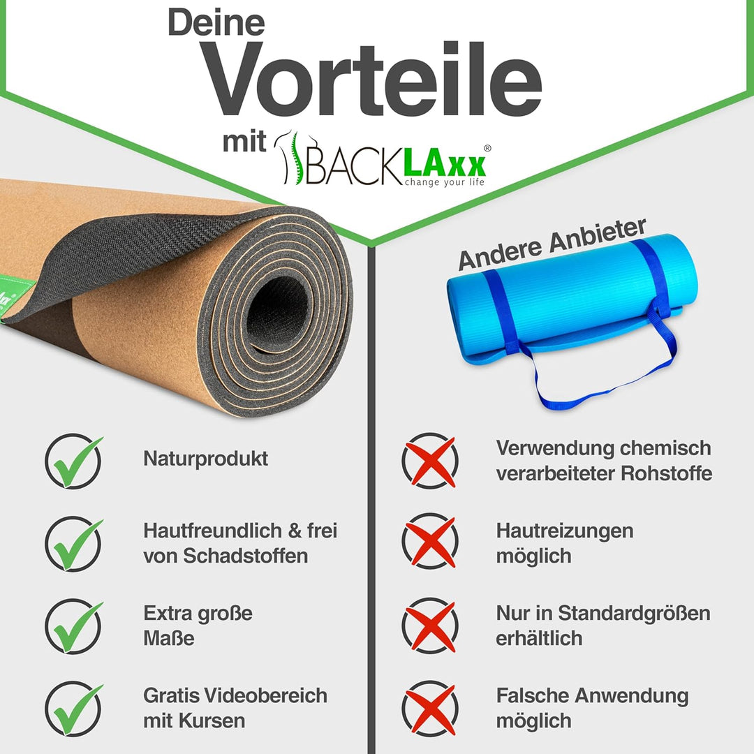 BACKLAXX ® Yogamatte Kork XXL [+50% mehr Fläche] mit Naturkautschuk - Yoga Matte nachhaltig, schadst