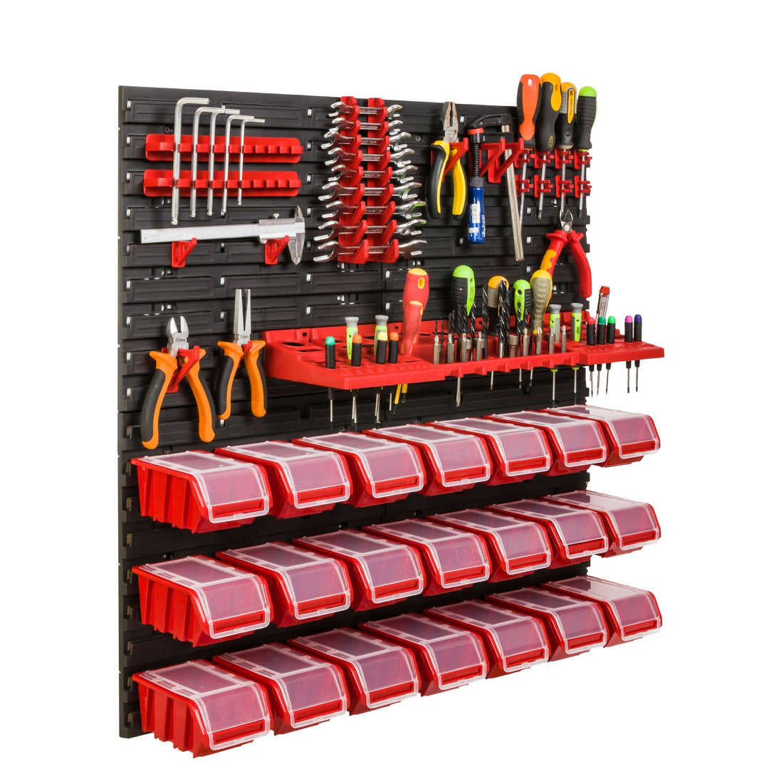 Lagersystem Werkstattregal | 78 x 78 cm | 21 stck. Box | Wandregal mit Werkzeughalterungen und Stape