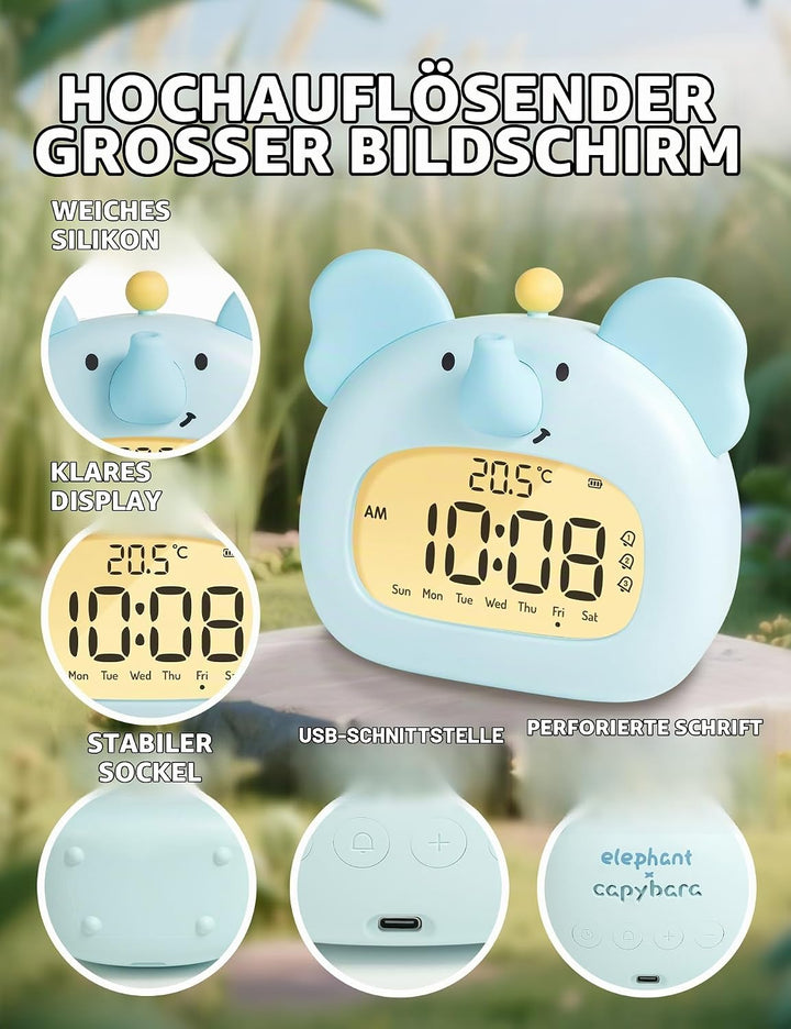IHALO Elefanten Deko Kinderwecker, Nachttischwecker mit Nachtlicht, Digitales LED-Display, 3,15 Zoll