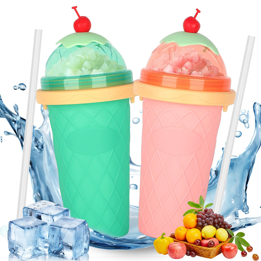 2er Set DIY Slush Becher, Silikon Squeeze Cup mit 2-in-1 Strohhalm und Löffel, Slush Eis Becher zum