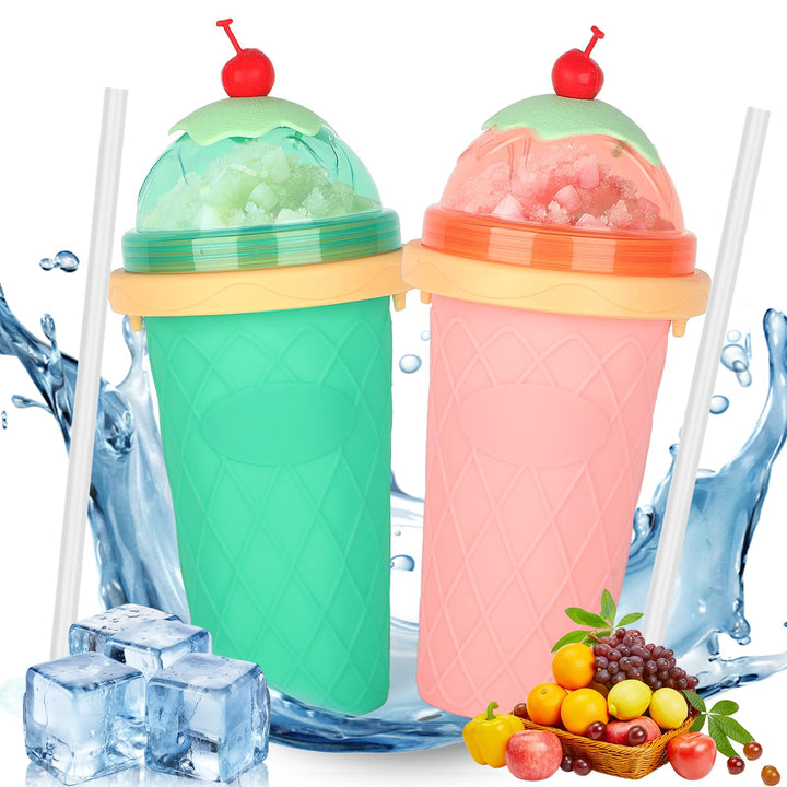 2er Set DIY Slush Becher, Silikon Squeeze Cup mit 2-in-1 Strohhalm und Löffel, Slush Eis Becher zum
