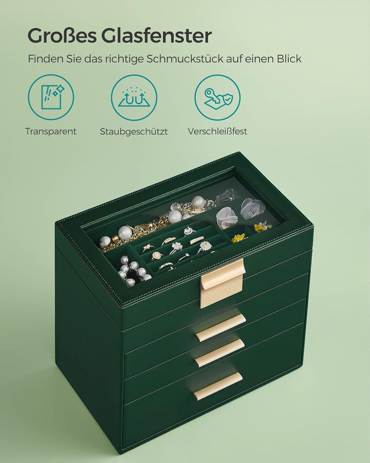 SONGMICS Schmuckkästchen, Schmuckkasten mit 4 Ebenen, Schmuckbox mit Glasdeckel, 3 Schubladen, für S