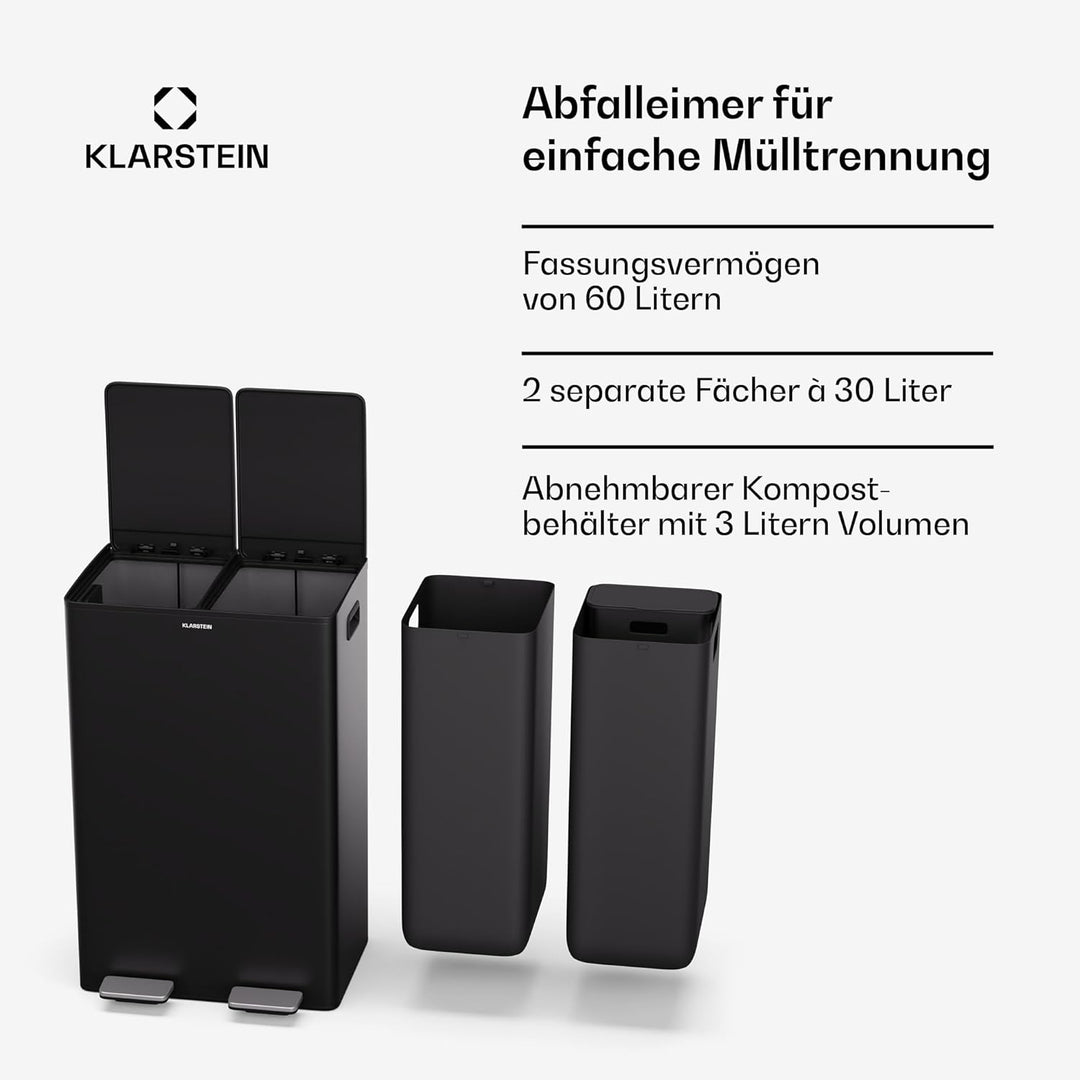 Klarstein EcoVista Mülleimer - 60L Abfalleimer mit 2 Fächern & 3L Kompostbehälter, Soft-Close, Edels