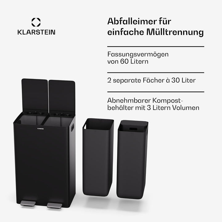 Klarstein EcoVista Mülleimer - 60L Abfalleimer mit 2 Fächern & 3L Kompostbehälter, Soft-Close, Edels