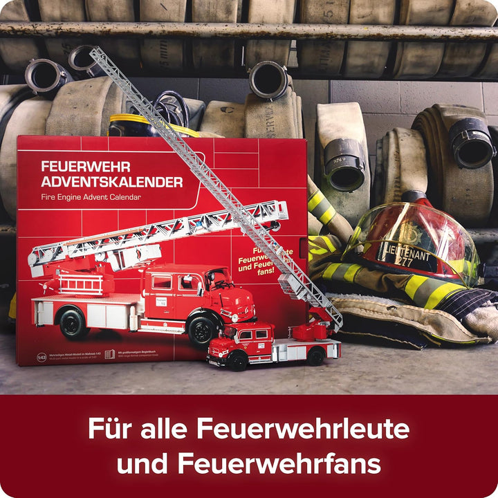 FRANZIS 67206 - Feuerwehr Adventskalender, Metall Modellbausatz des Mercedes-Benz L1519 im Massstab