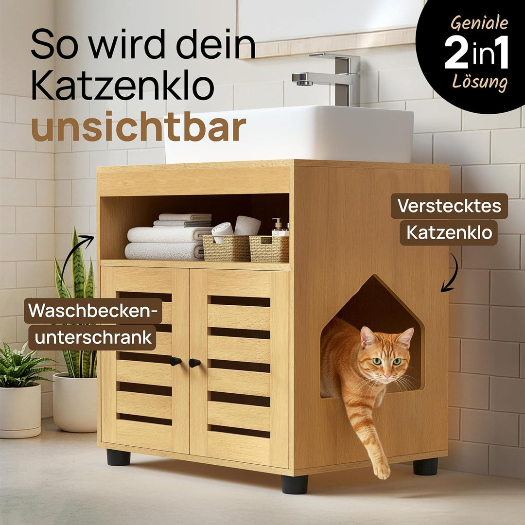 Katzenschrank für Katzenklo – Stilvoller Waschbeckenunterschrank/Katzenmöbel mit flexiblem Einstieg