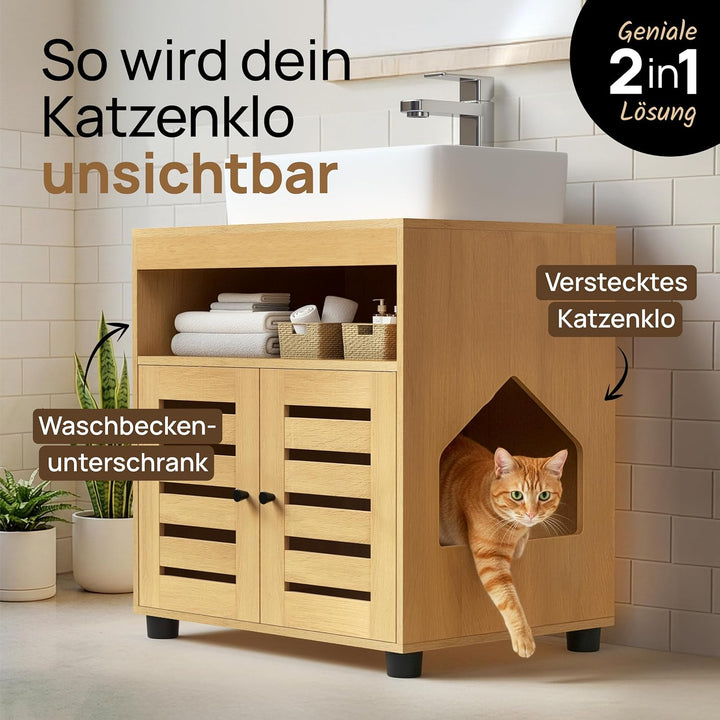 Katzenschrank für Katzenklo – Stilvoller Waschbeckenunterschrank/Katzenmöbel mit flexiblem Einstieg
