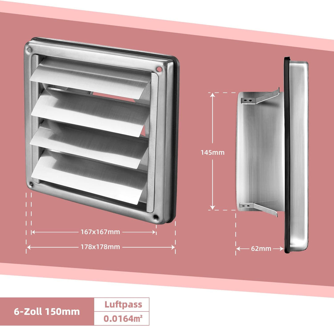 Edelstahl Wetterschutzgitter Lüftungsgitter 100mm 125mm 150mm bewegliche Lamellen, 150mm