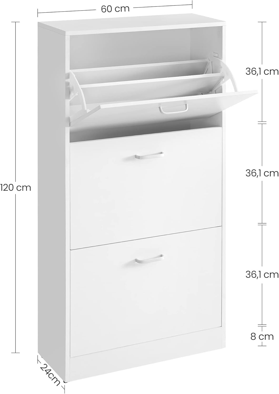 VASAGLE Schuhschrank mit 3 Klappen, Schuhregal, Schuhkipper, Schuhkommode mit 3 Tiefen Fächern, Weis