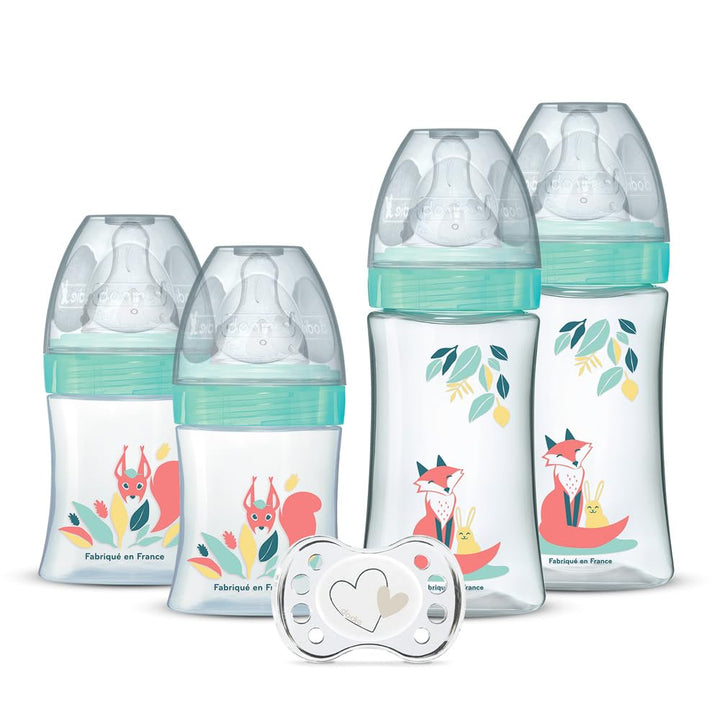 DODIE 4 Babyflaschen zur Geburt, runder Anti-Kolik-Sauger (2 x 150 ml und 2 x 270 ml) + 1 Schnuller