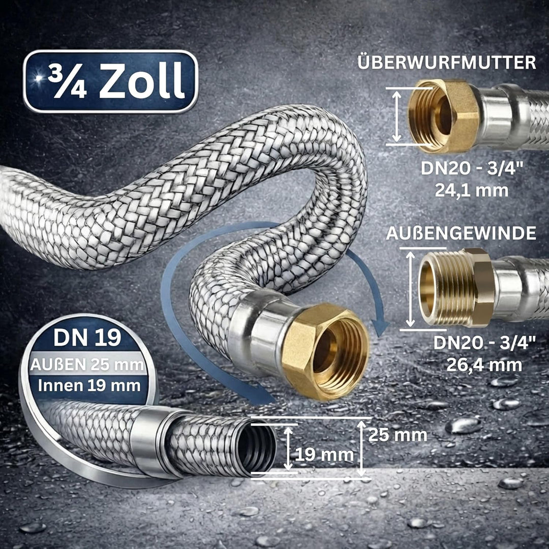 DVGW gep. Panzerschlauch 3/4 Zoll DN20 DN19 Edelstahl Flexschlauch Wasseranschluss Heizung Enthärtun