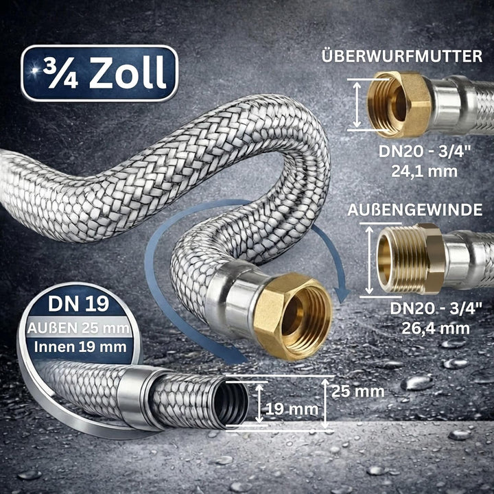 DVGW gep. Panzerschlauch 3/4 Zoll DN20 DN19 Edelstahl Flexschlauch Wasseranschluss Heizung Enthärtun