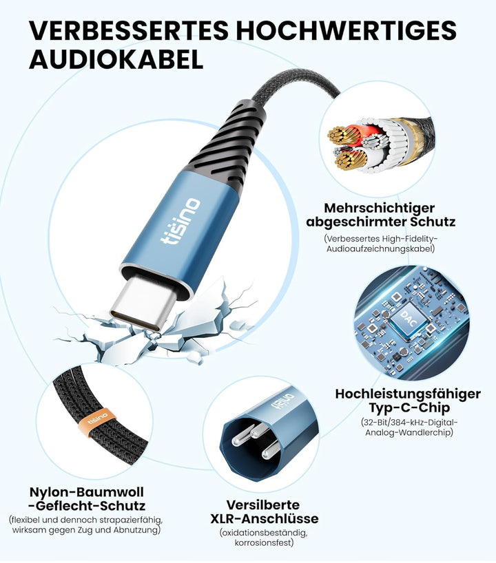 Tisino USB-C auf XLR Male Audio-Kabel 32 Bit/384 kHz DAC (3m), Digital-zu-Analog-Ausgang für Aktivla