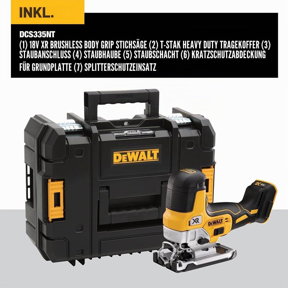 Dewalt 18V Akku-Pendelhubstichsäge DCS335NT (bürstenlos, verstellbarer Alu-Druckguss-Sägeschuh, 3-fa