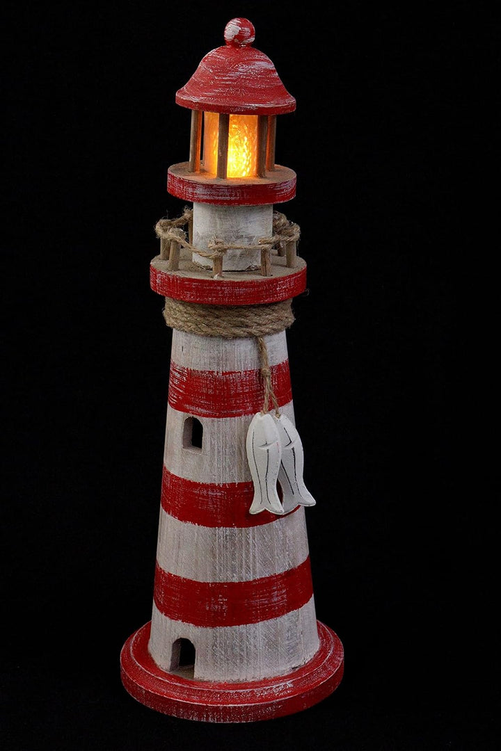 ELLUG Leuchtturm aus Holz mit flackernden LED-Lichtern und maritimen Details zum Stellen mit Timer-F