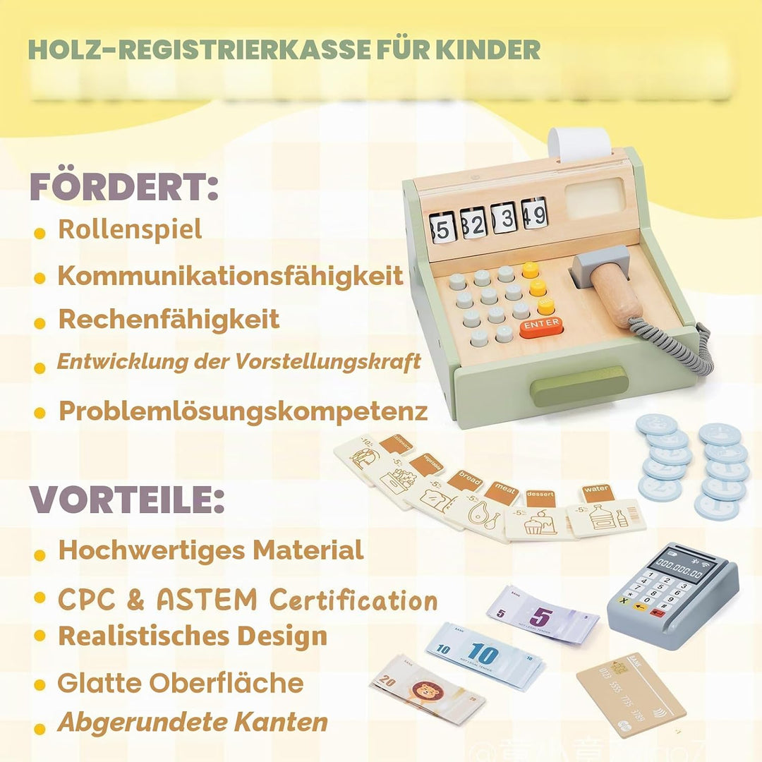 Holzkasse für Kinder – Interaktive Spielkasse für Kaufladen mit Scanner, Kartenleser, Spielgeld & Ho