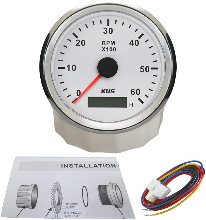 KUS Drehzahlmesser Drehzahlmesser mit Betriebsstundenzähler 6000RPM 85 mm 12V/24V mit Hintergrundbel