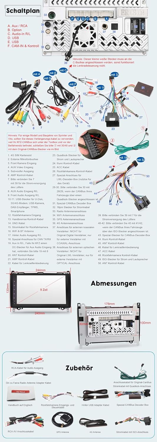 Erisin 9 Zoll Android 14 8-Kern Autoradio GPS Navigator für Mercedes Benz A/B-Klasse W169 W245 Sprin