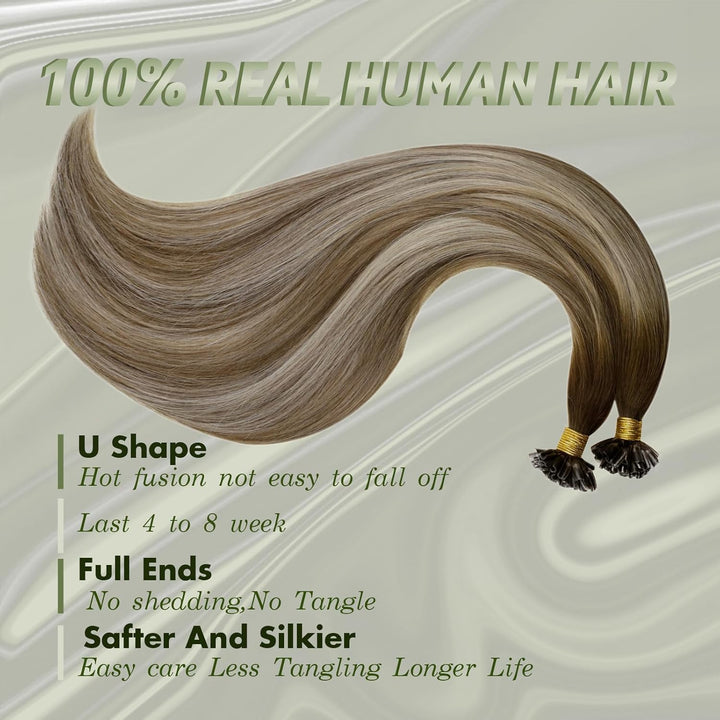 RUNATURE Extensions Echthaar Bondings 35cm Keratin U Tip Haarverlängerung Balayage Braun zu Blond 50