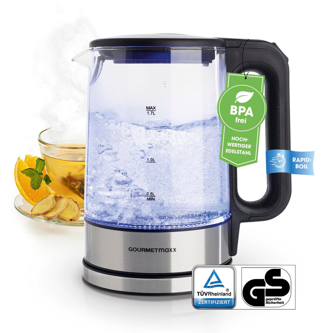 GOURMETmaxx Glas-Wasserkocher 1,7 Liter mit integrierter Beleuchtung | Leistungsstarker Boiler mit A