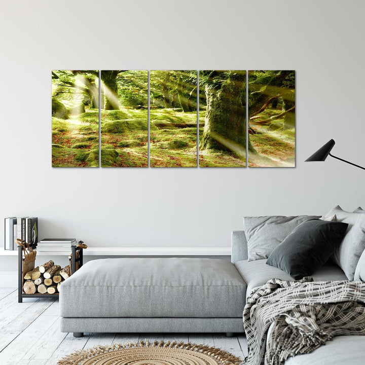 Runa Art Wandbild XXL Wald Landschaft Schlafzimmer Wohnzimmer 200 x 80 cm Grün 5 Teilig - Made in Ge
