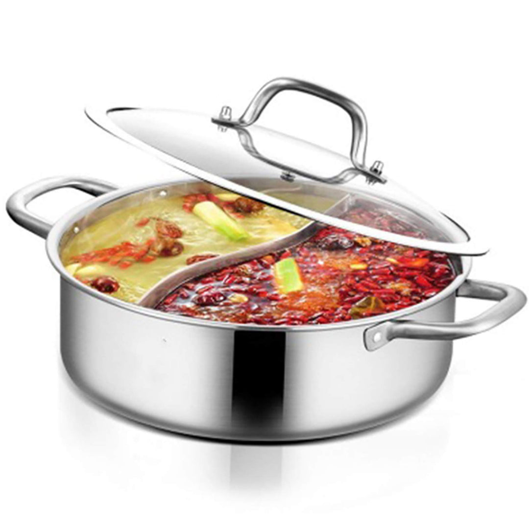 Hot Pot Kochtopf 304 Edelstahl Hotpot Kocher Mit 2 Suppenkellen Trennwand und Deckel für Induktionsk